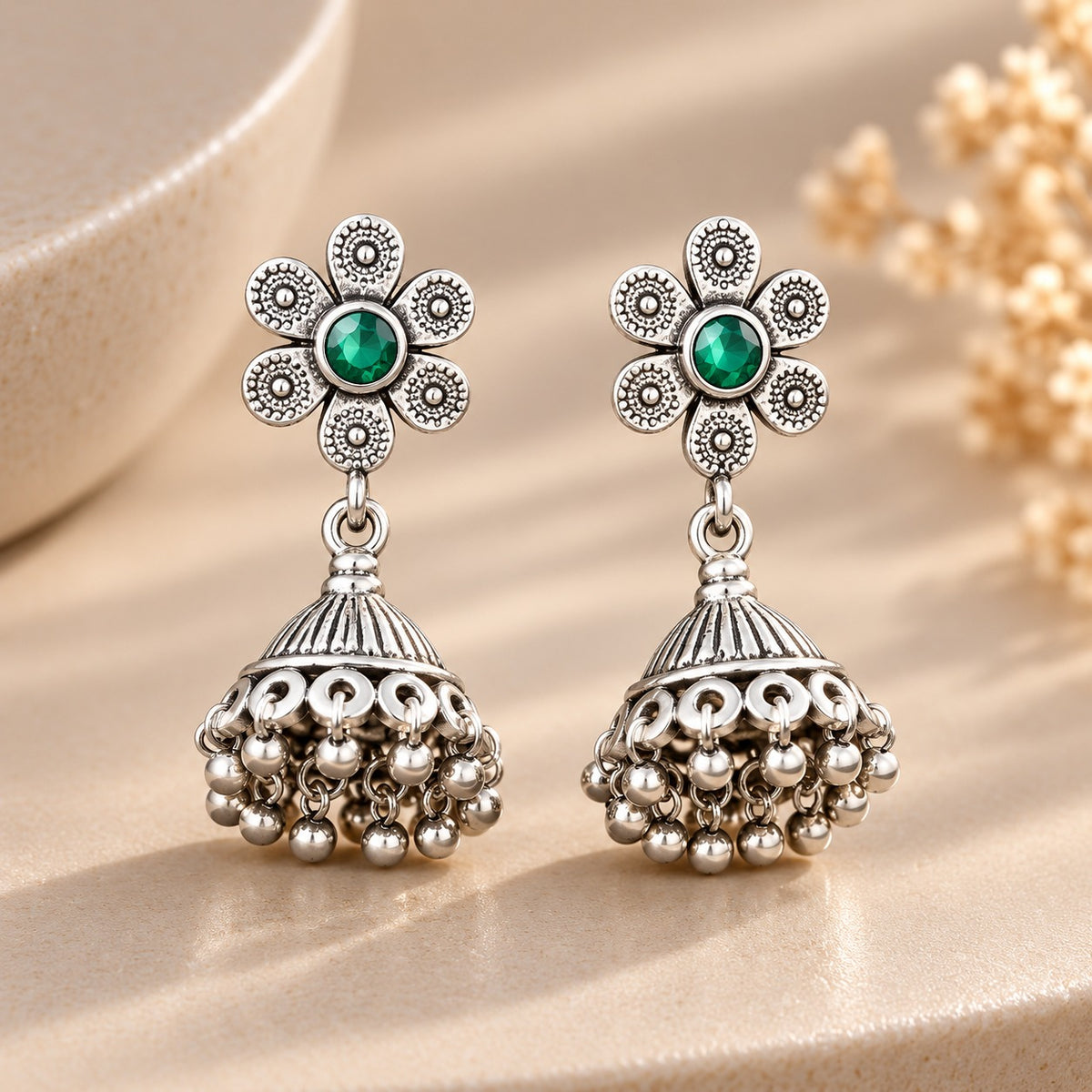 Emerald Floral Jhumka Earrings
