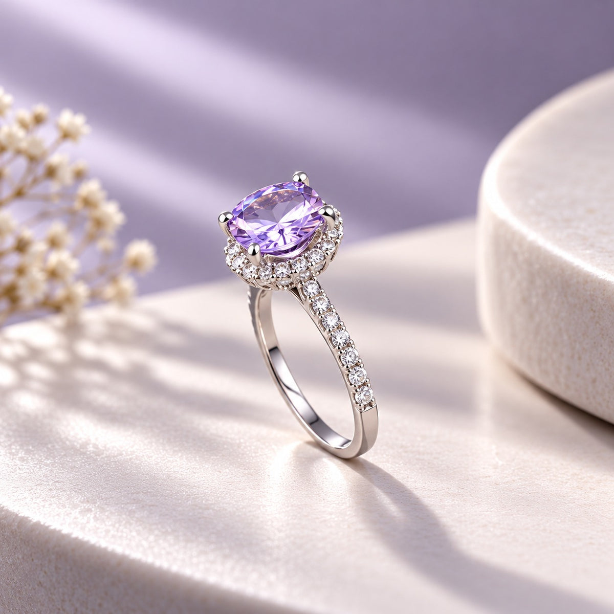 Amethyst Halo Solitaire Ring